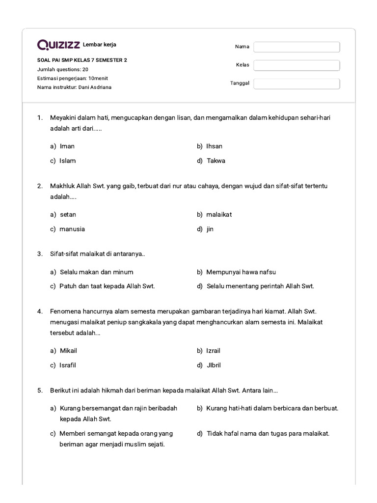 Soal PAI SMP Kelas 7 Semester 2 PDF