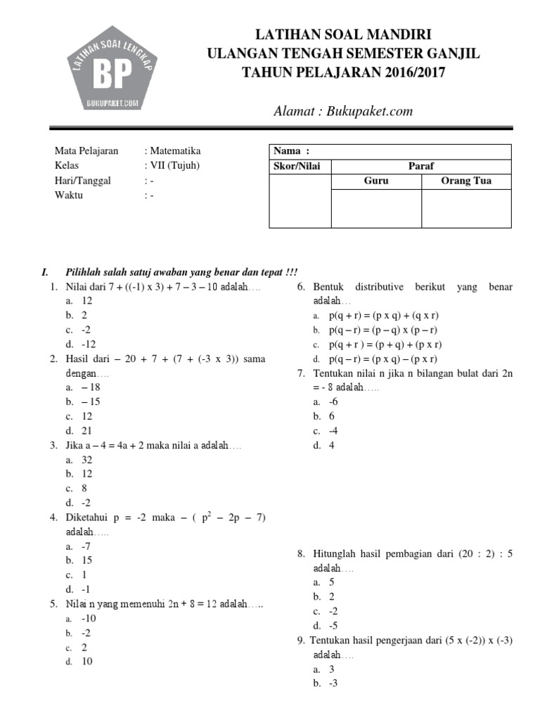 bank soal download pts matematika kelas 7 semester 1 2019