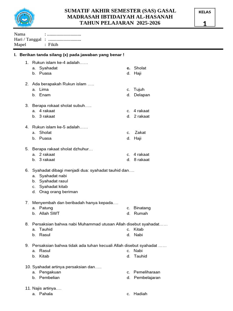 Soal Fikih Kelas 1 MI 2025-2026 PDF Soal Fikih Kelas 1 MI 2025-2026 PDF